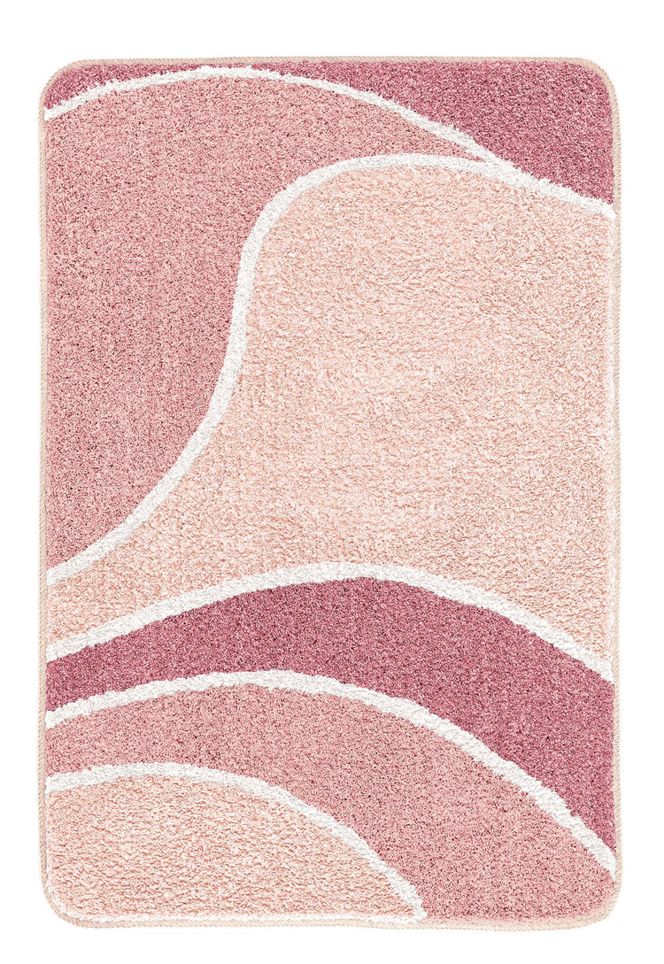 Rosafarbiger Badteppich mit geschwungenem Muster in Rosa und Weiß.