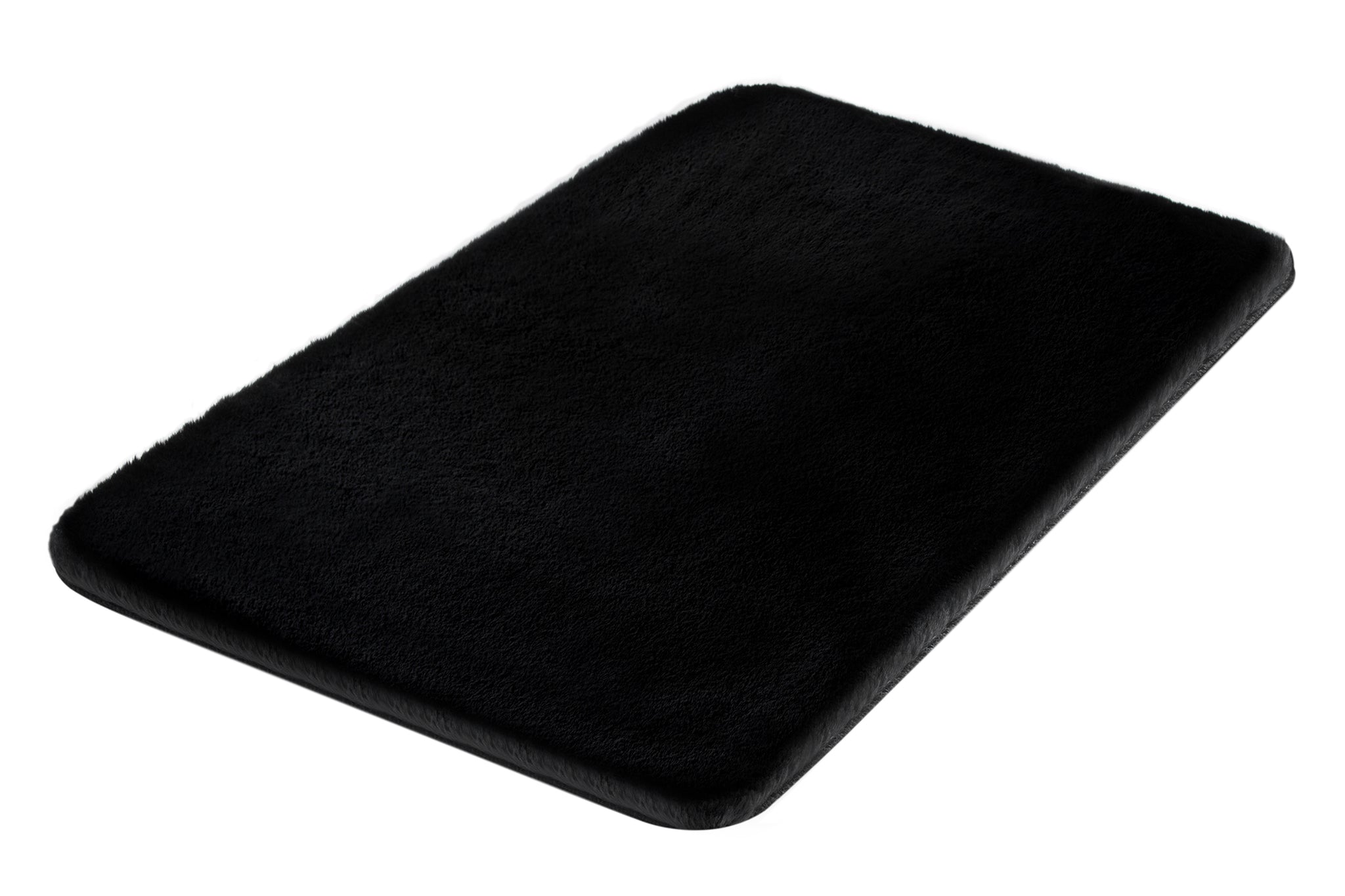 Rechteckige, schwarze Badematte mit weicher, flauschiger Oberfläche