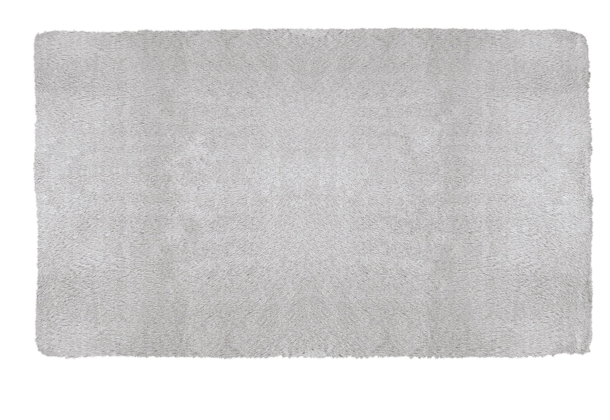 Rechteckiger, hellgrauer, flauschiger Badteppich auf weißem Hintergrund
