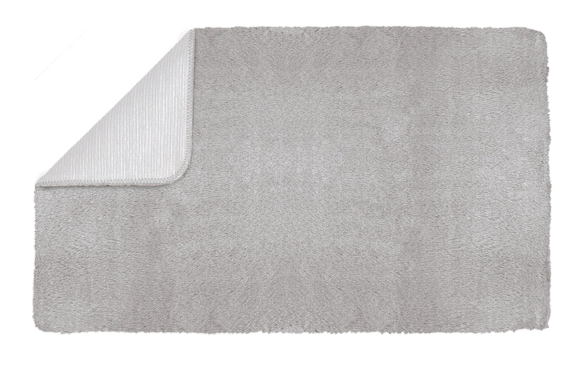 Rechteckiger hellgrauer Badteppich mit umgeklappter Ecke und Rücken