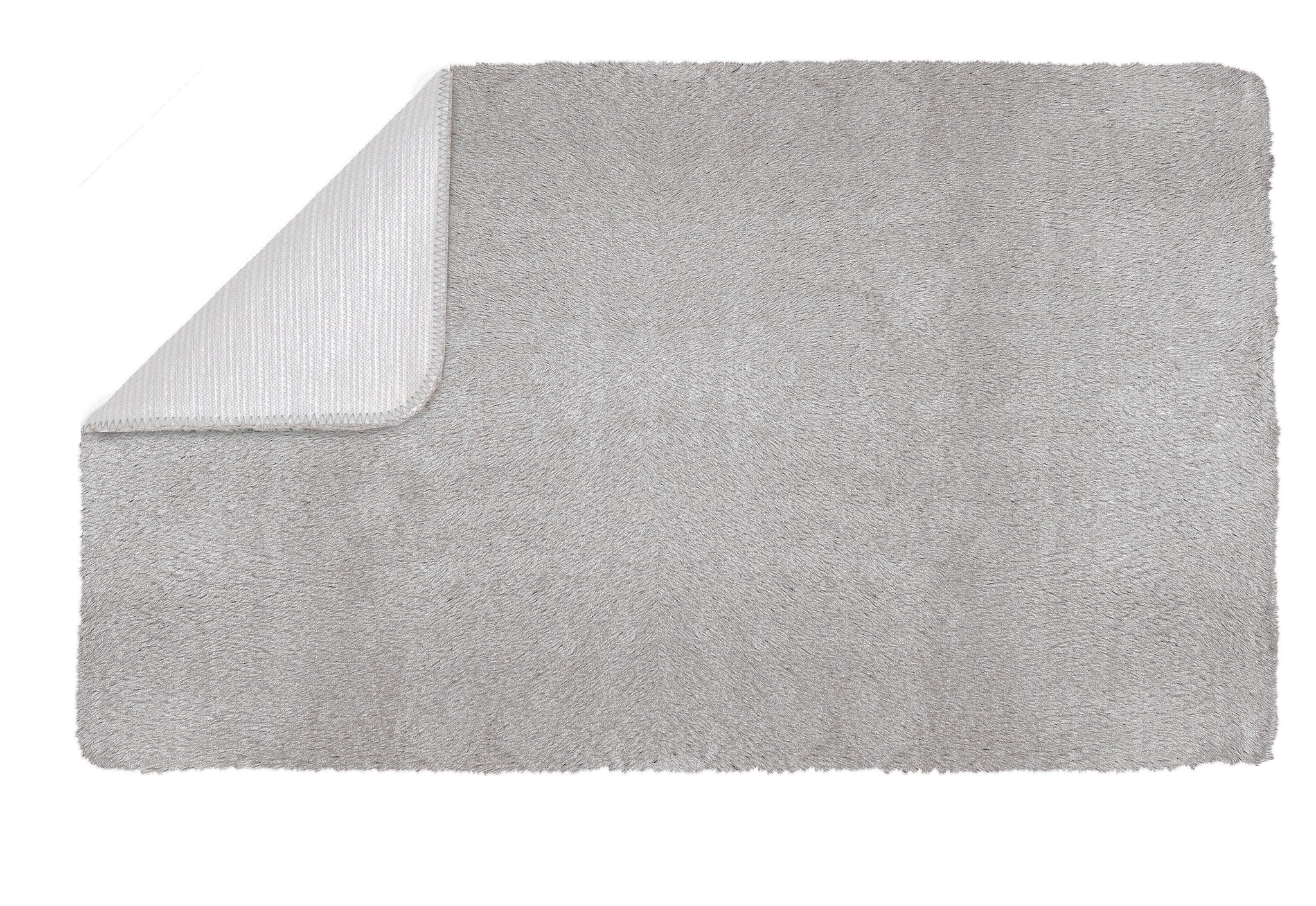 Rechteckiger hellgrauer Badteppich mit umgeklappter Ecke und Rücken