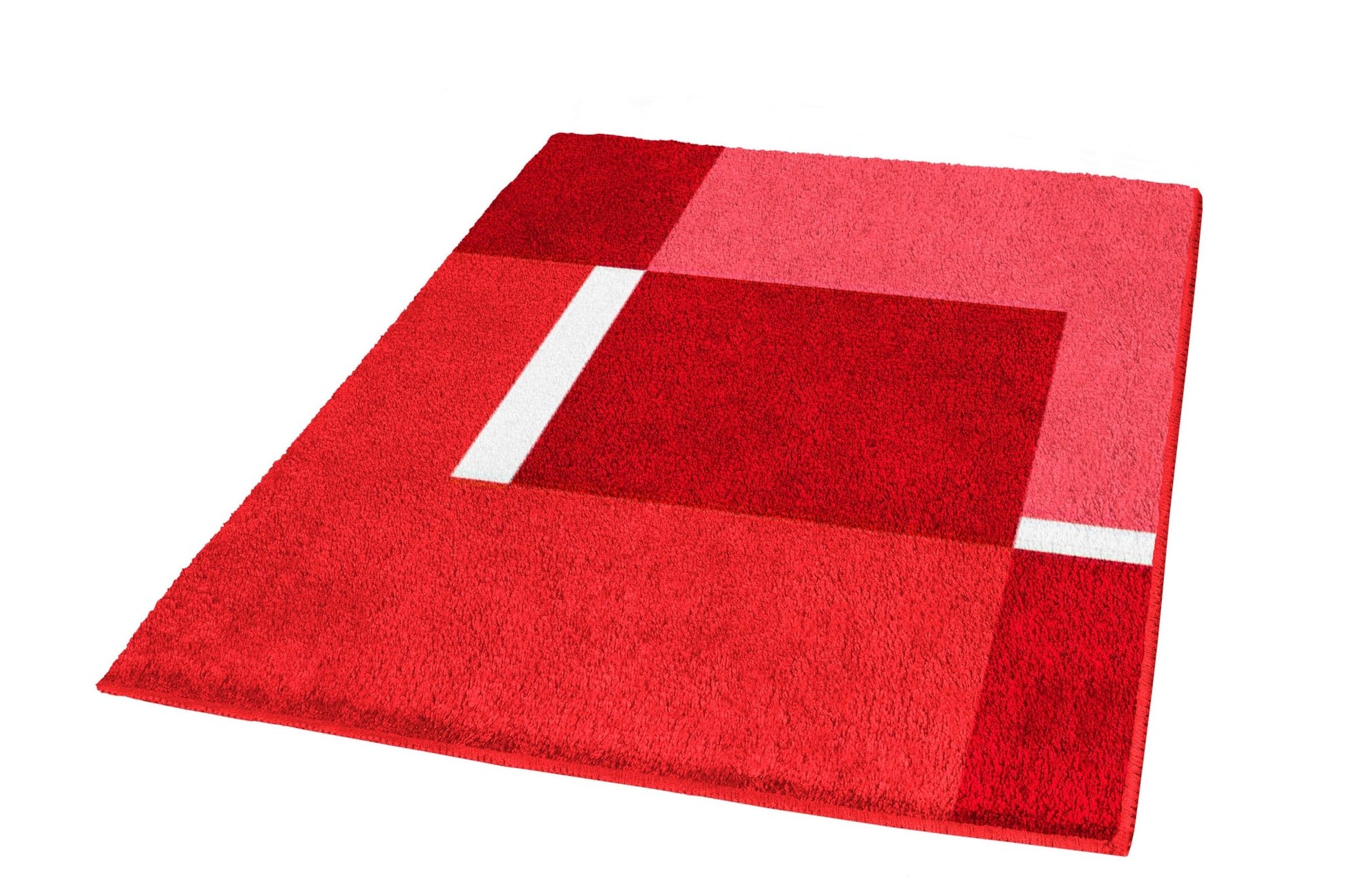 Roter Badezimmerteppich mit rechteckigem Muster in Rot- und Weißtönen