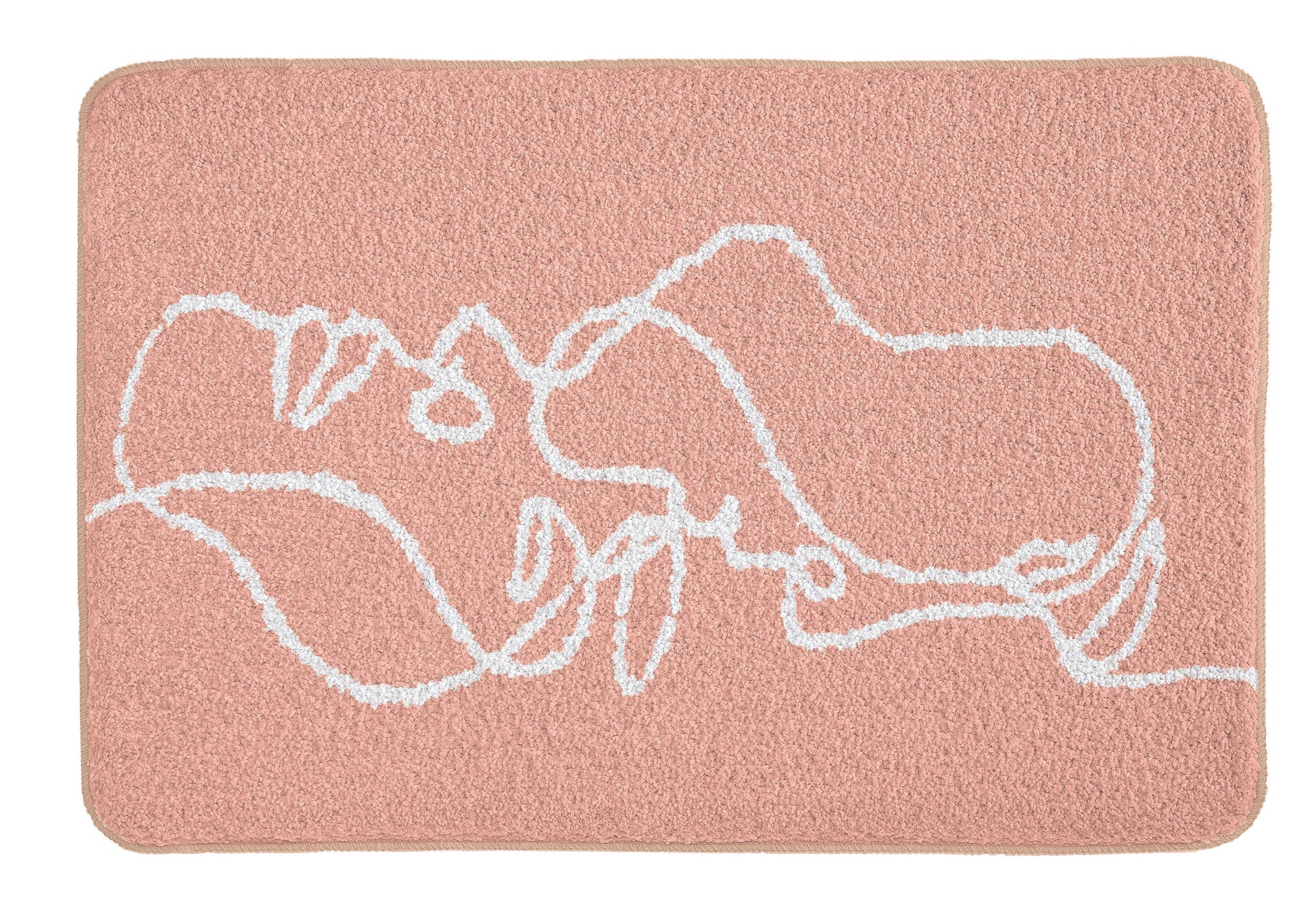 Rosa Badematte mit weißer, abstrakter Linienzeichnung zweier Gesichter