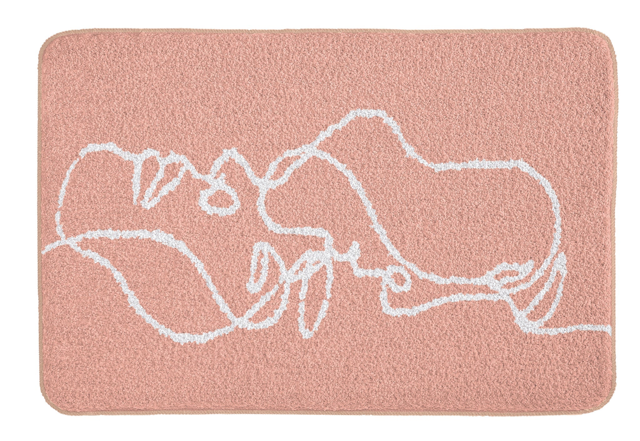 Rosa Badematte mit weißer, abstrakter Linienzeichnung zweier Gesichter