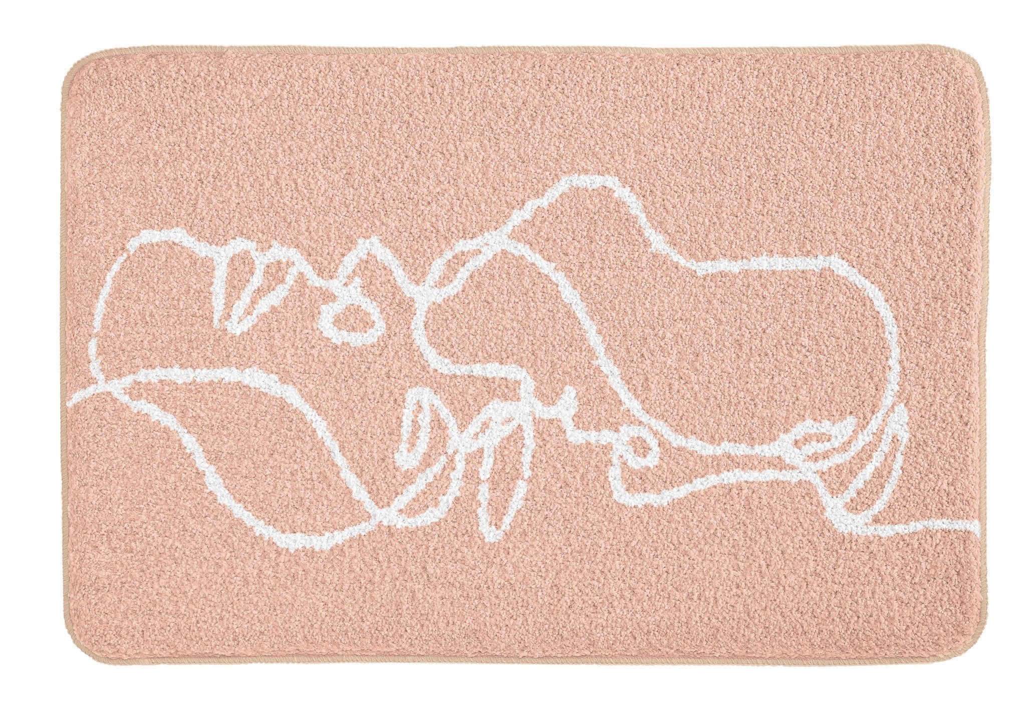 Rosa Badematte mit weißer abstrakter Linienzeichnung zweier Gesichter