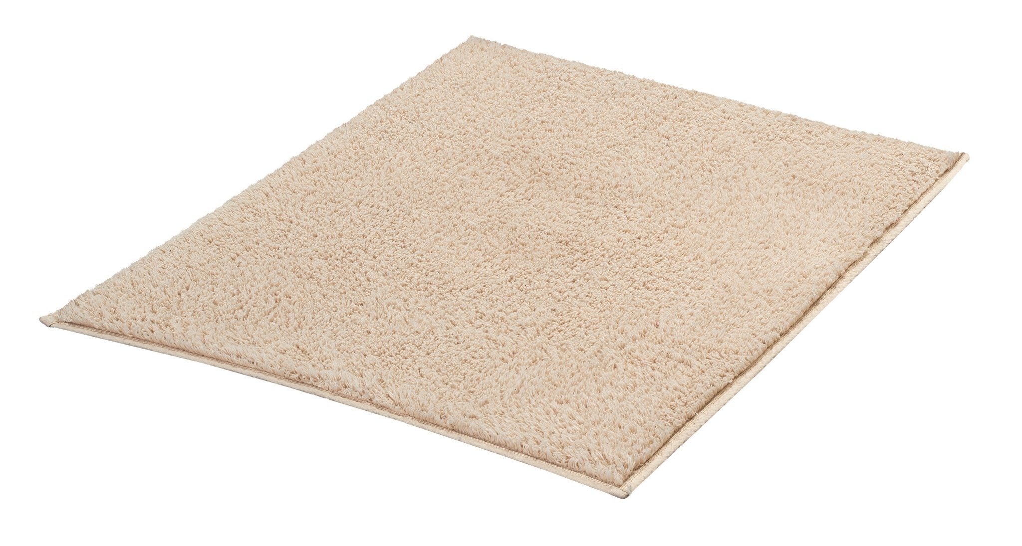 Rechteckige beige Badematte aus weichem, dichtem Hochflor Teppich