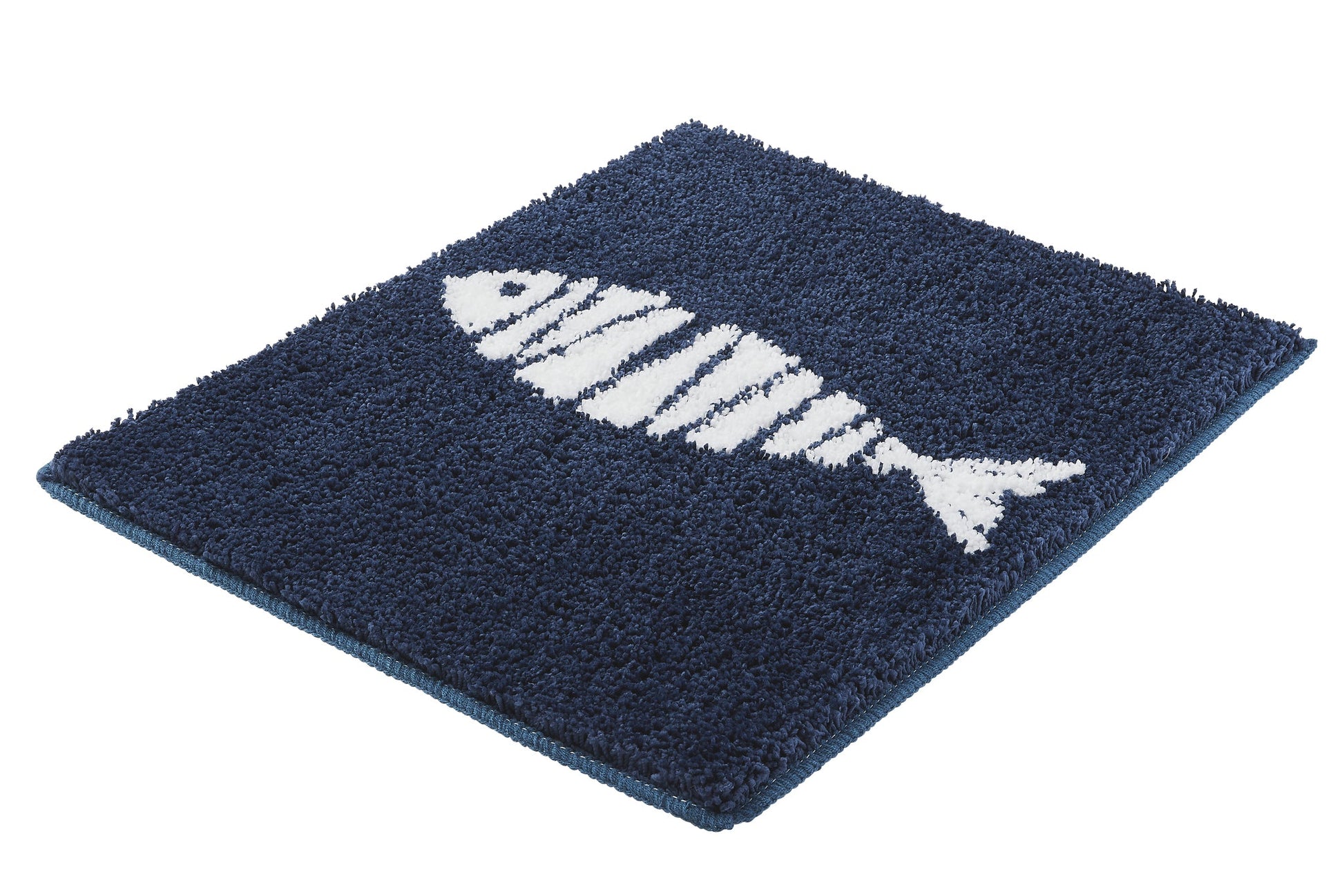 Blauer rechteckiger Badevorleger mit weißem Fischmotiv in der Mitte