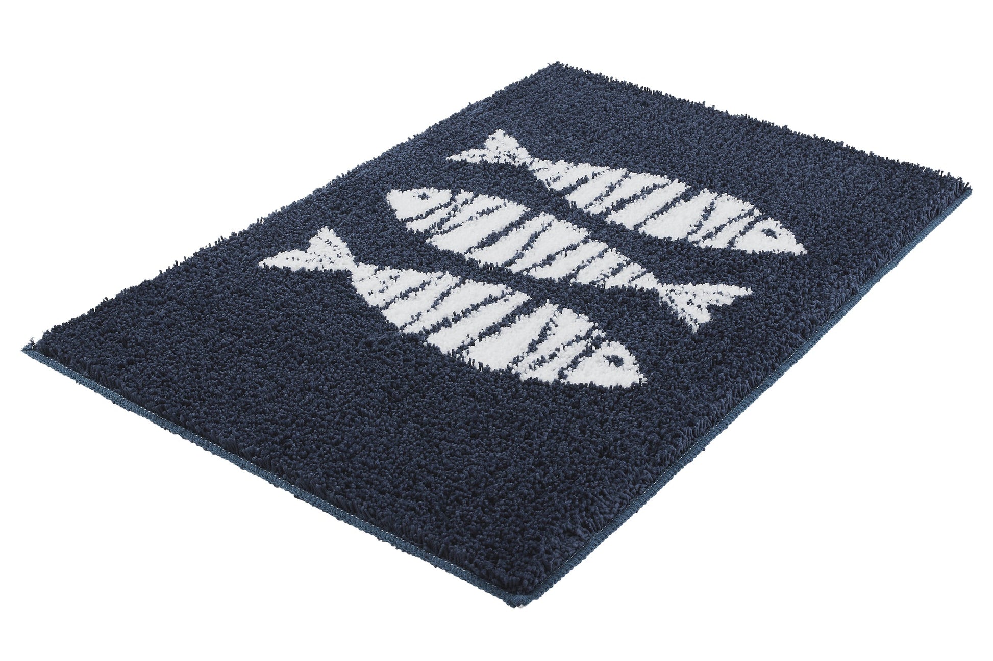 Dunkelblaue Badematte mit drei kleinen weißen stilisierten Fischmotiven
