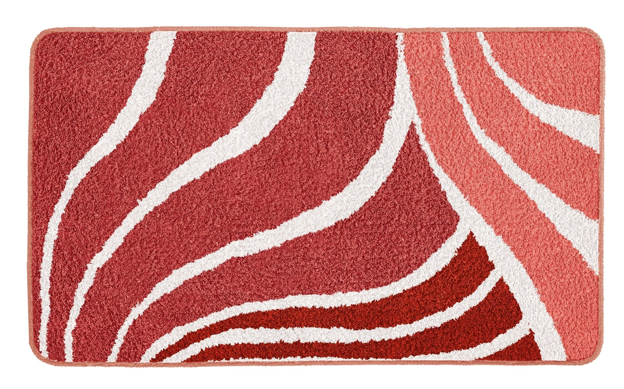 Badematte mit roten, rosa und weißen Wellenstreifen-Mustern aus Stoff