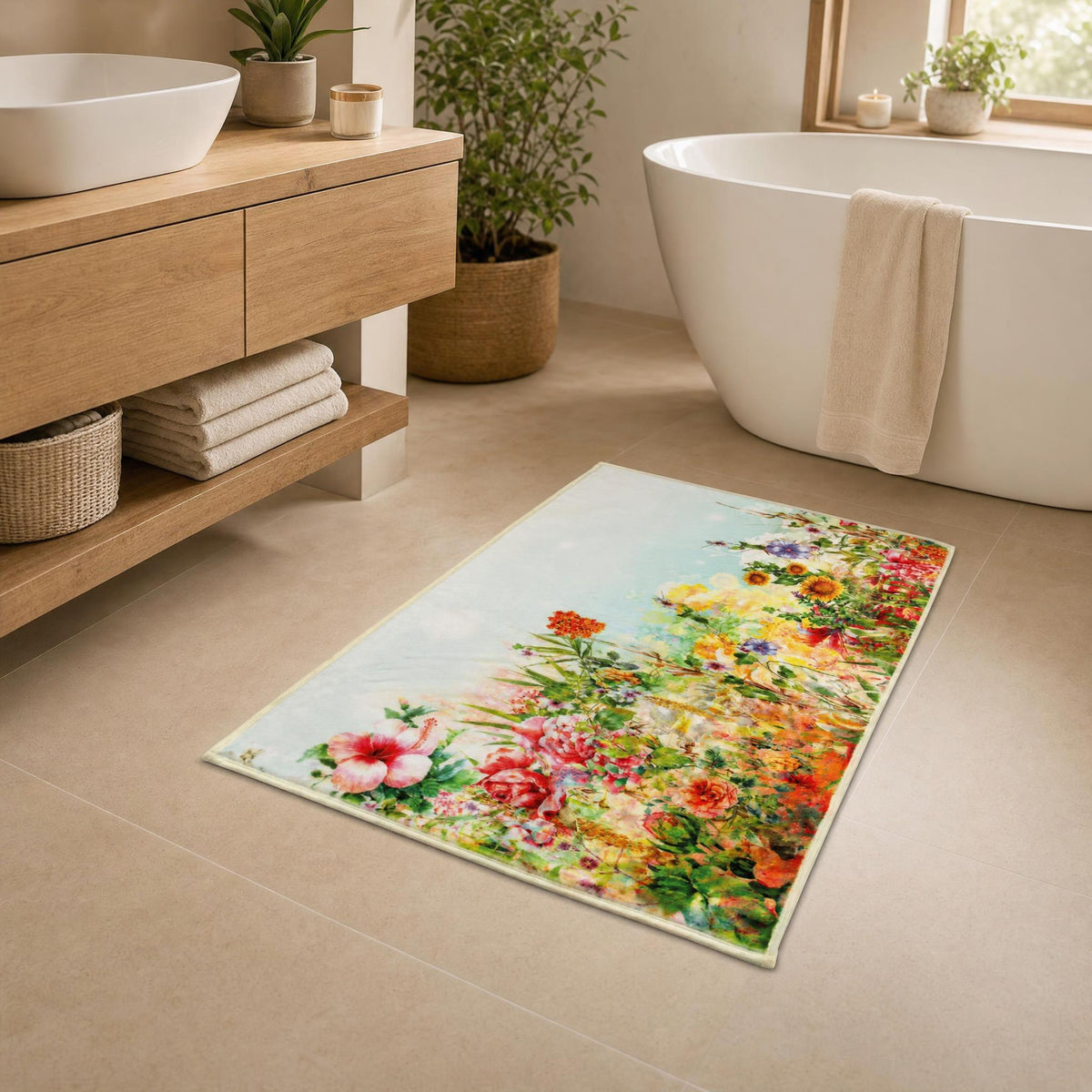 Badteppich mit buntem Blumenmotiv in hellem, modernem Badezimmer.