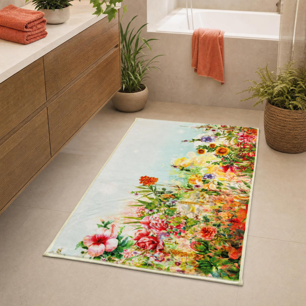 Blumiger Badteppich in hellem Bad vor Wanne mit Pflanzen und Koralltüchern.