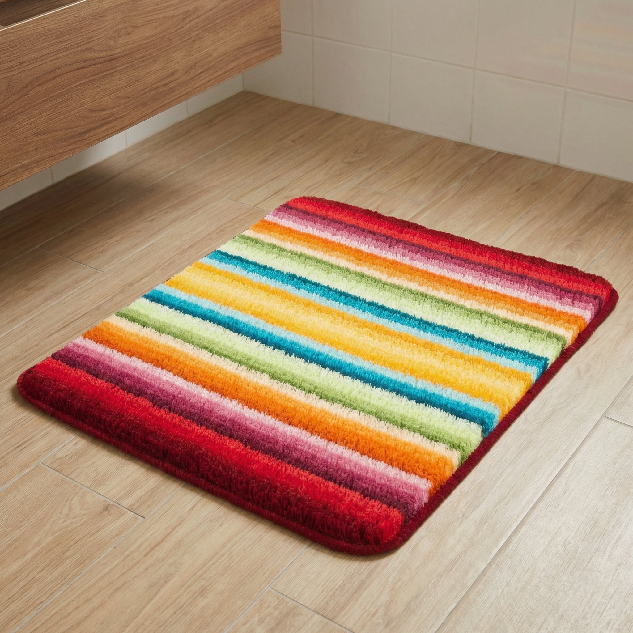 Bunter, gestreifter Badteppich auf hellen Fliesen im Badezimmerboden