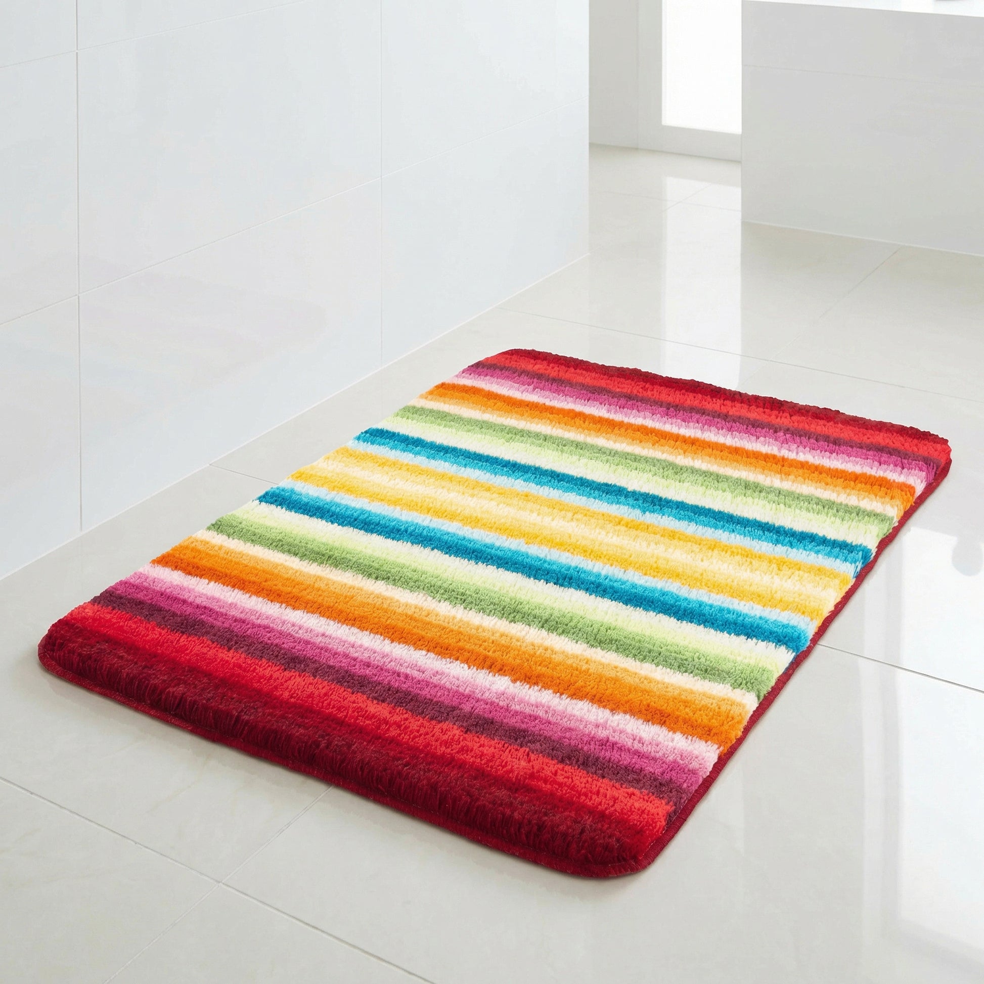 Bunter Badteppich mit farbigen Querstreifen auf hellen Fliesen