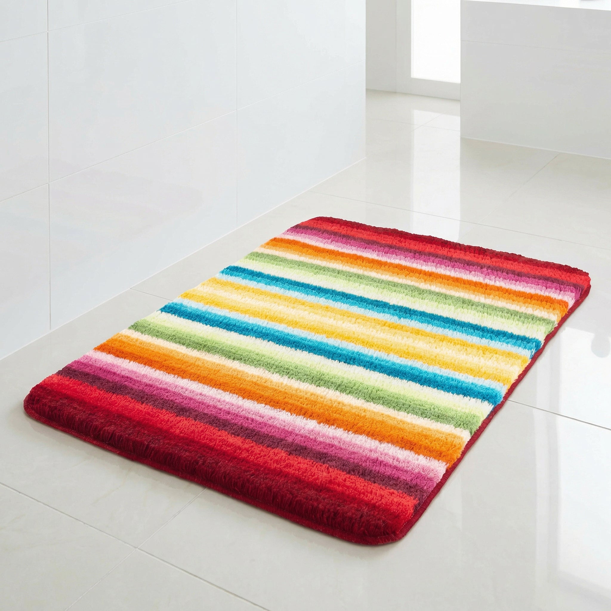 Bunter Badteppich mit farbigen Querstreifen auf hellen Fliesen