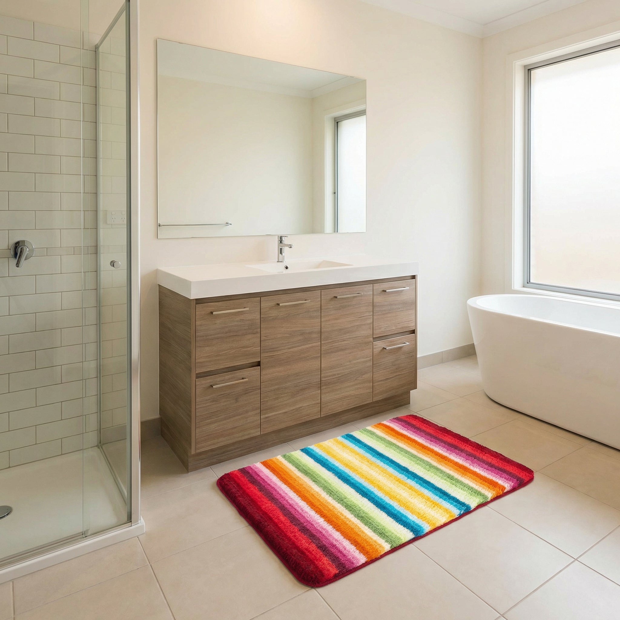 Modernes Bad mit Holz-Waschtisch, freistehender Wanne und Badematte