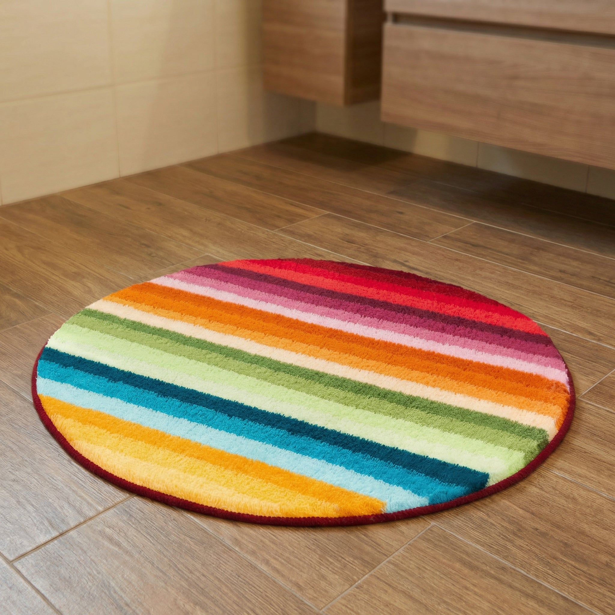 Runder, bunter Badteppich mit breiten, bunten Streifen auf Fliesenboden