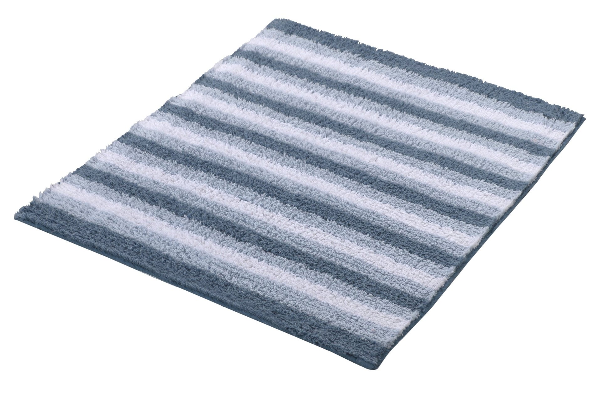 Rechteckige, flauschige Badematte mit grauen und weißen Querstreifen