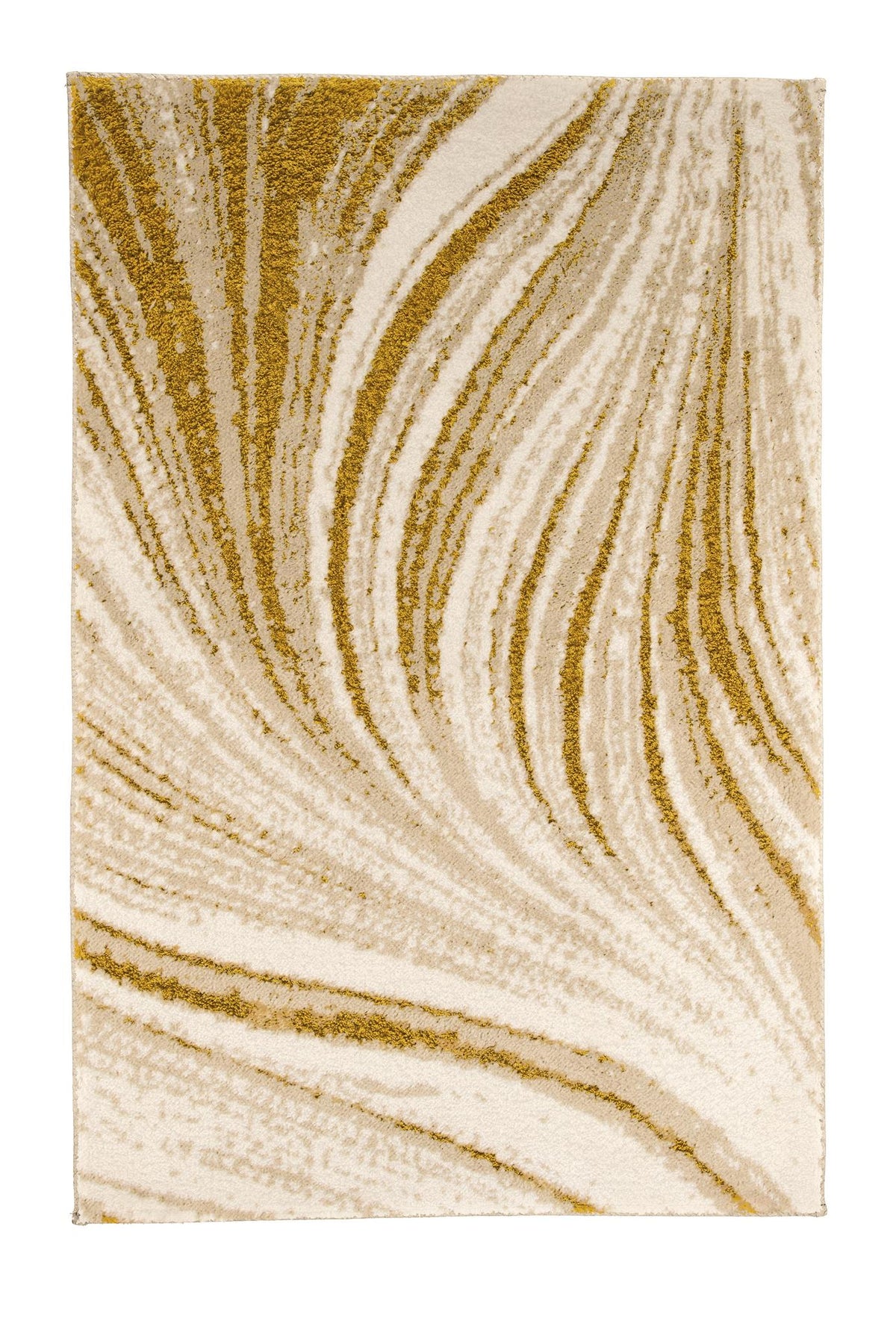 Cremefarbener Teppich mit geschwungenem goldfarbigem Marmormuster.