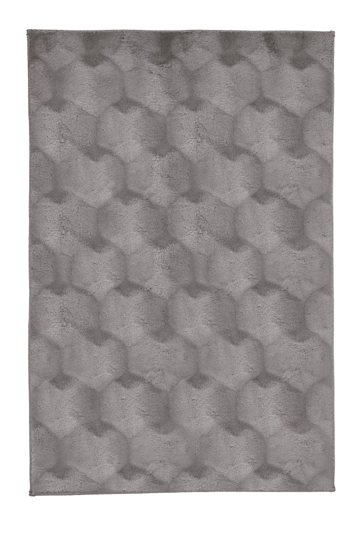 Grauer Badteppich mit weichem, geometrischem Hexagonmuster.