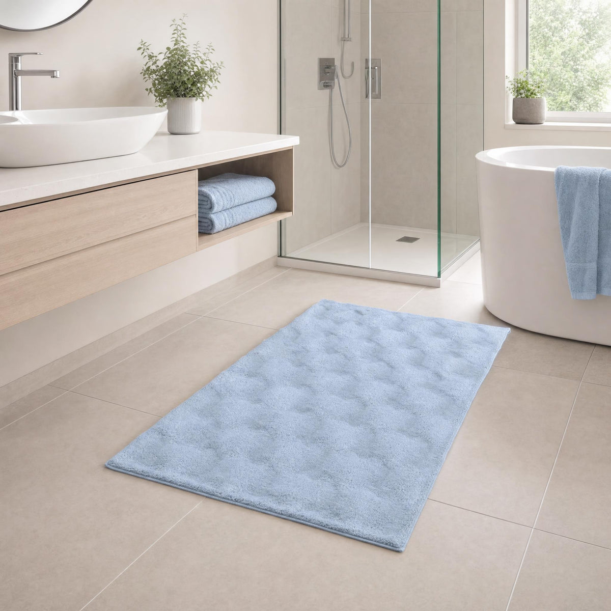 Hellblauer Badteppich in modernem Bad mit Dusche, Wanne und Waschtisch.