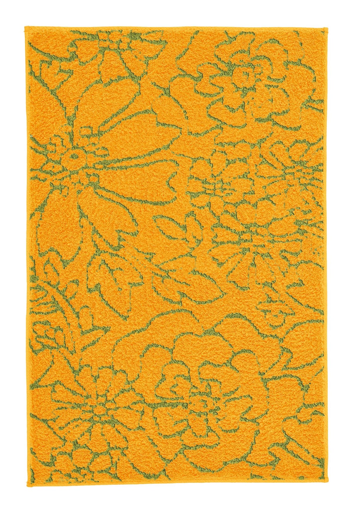 Gelber Badteppich mit grünem floralem Muster.