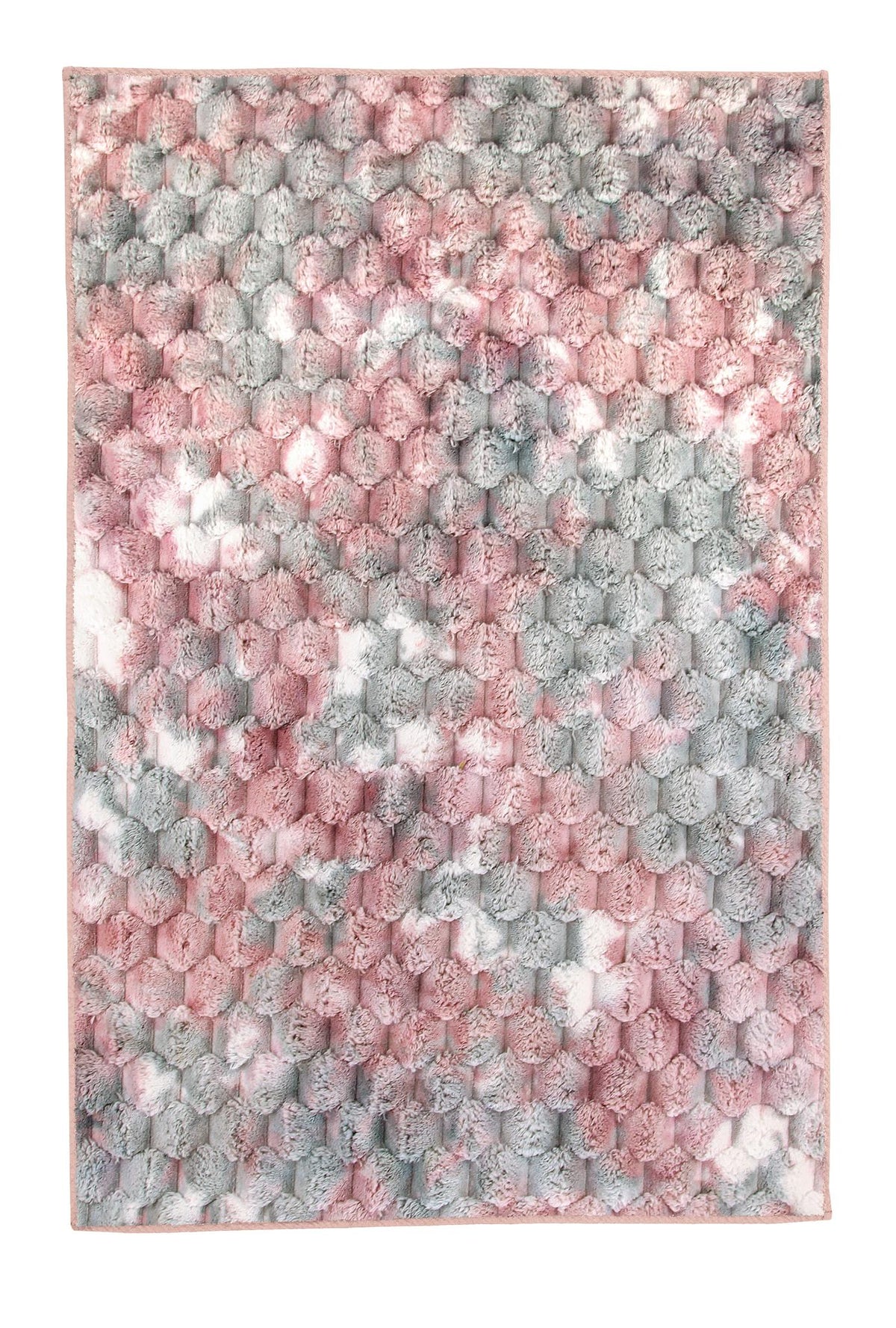 Rechteckiger Hochflorteppich in Rosa, Grau und Weiß mit Wabenmuster.