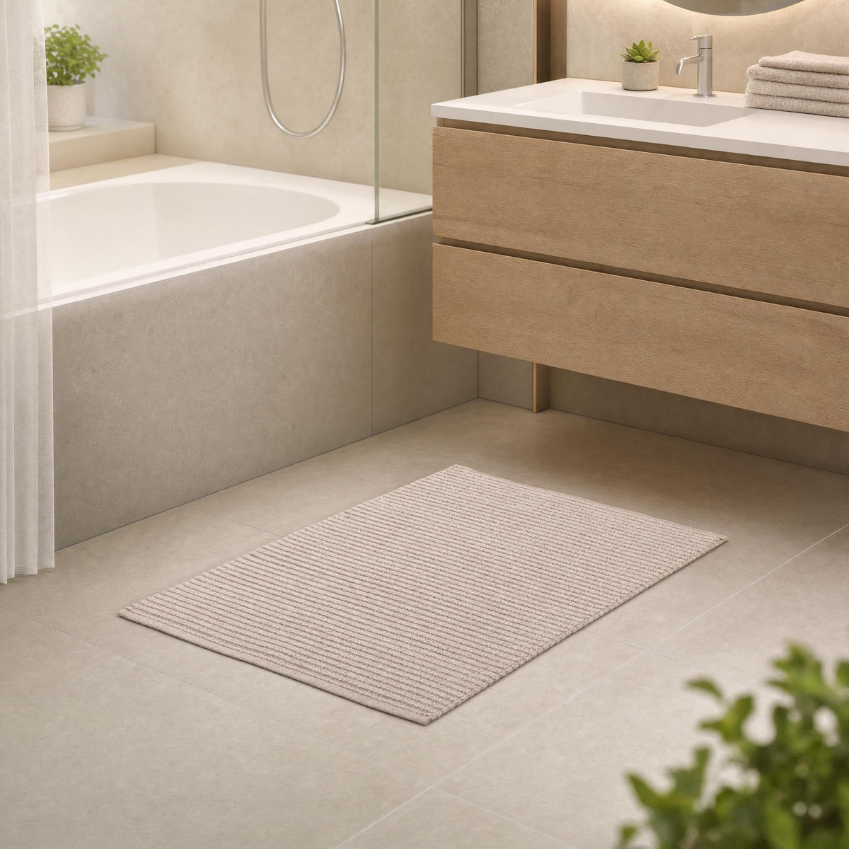 Heller Badteppich in modernem Badezimmer vor Waschtisch und Badewanne.