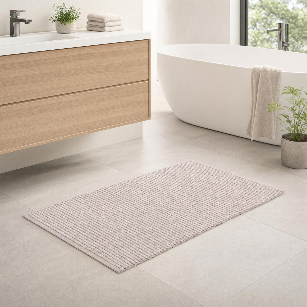 Heller Badteppich vor Badewanne und Holzwaschtisch im modernen Bad.