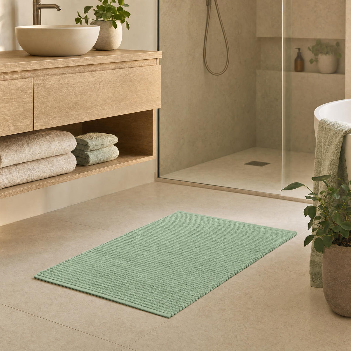 Mintgrüner Badteppich in hellem Bad vor Dusche und Holzwaschtisch.