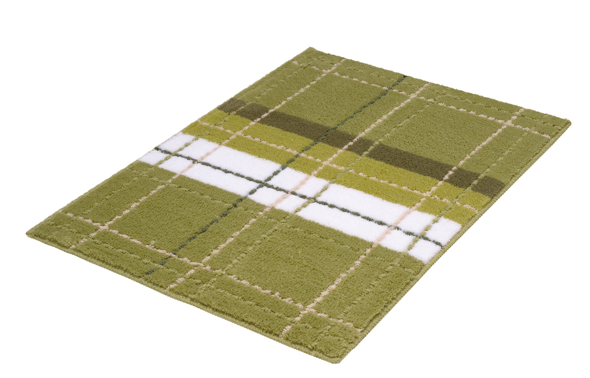 Grüne Badematte mit kariertem Muster und breitem weißen Mittelstreifen