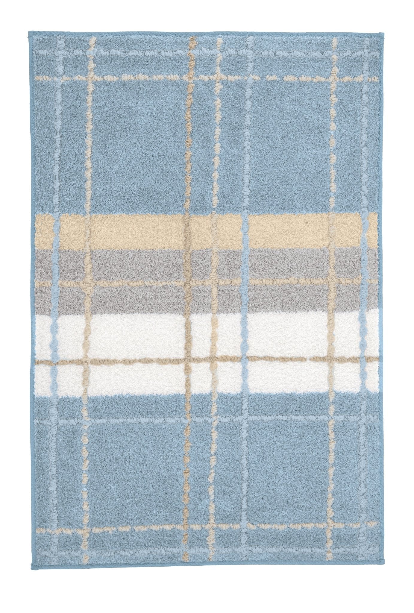 Hellblauer Badteppich mit kariertem Muster und breiten Querstreifen