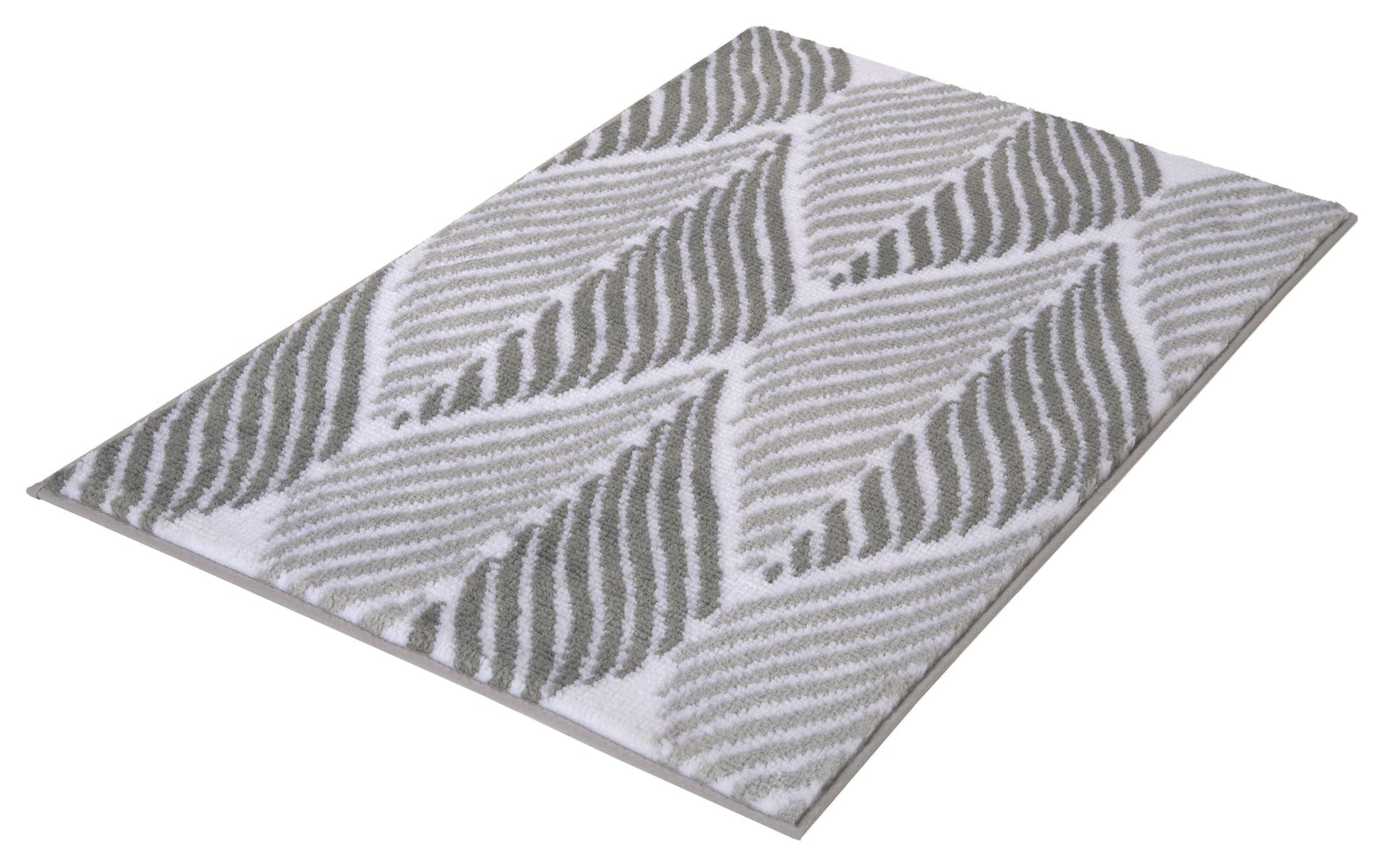 Rechteckiger Badteppich mit grauem Blattmuster auf weißem Grund