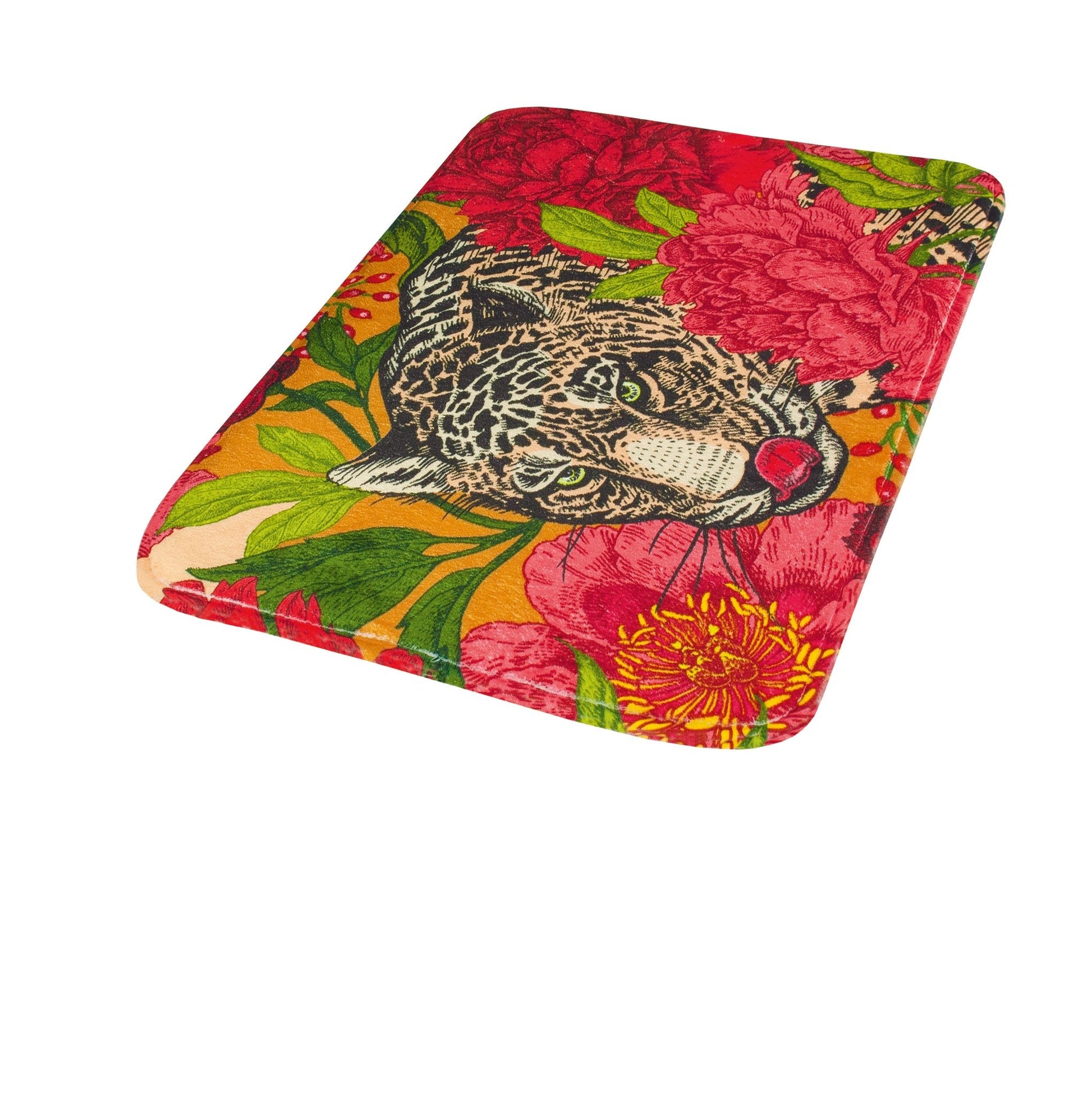 Badteppich LEOPOLD Multicolor 40 x 60 cm zeigt Leopardenmotiv mit roten und gelben Blüten.