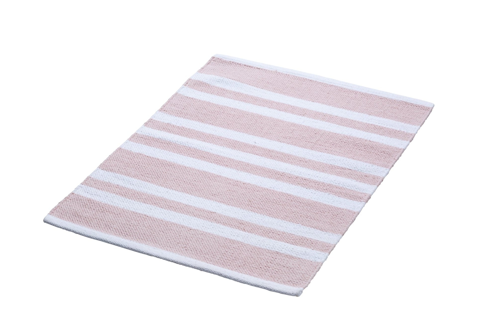 Rechteckiger rosafarbener Badteppich mit weißen Querstreifen liegend