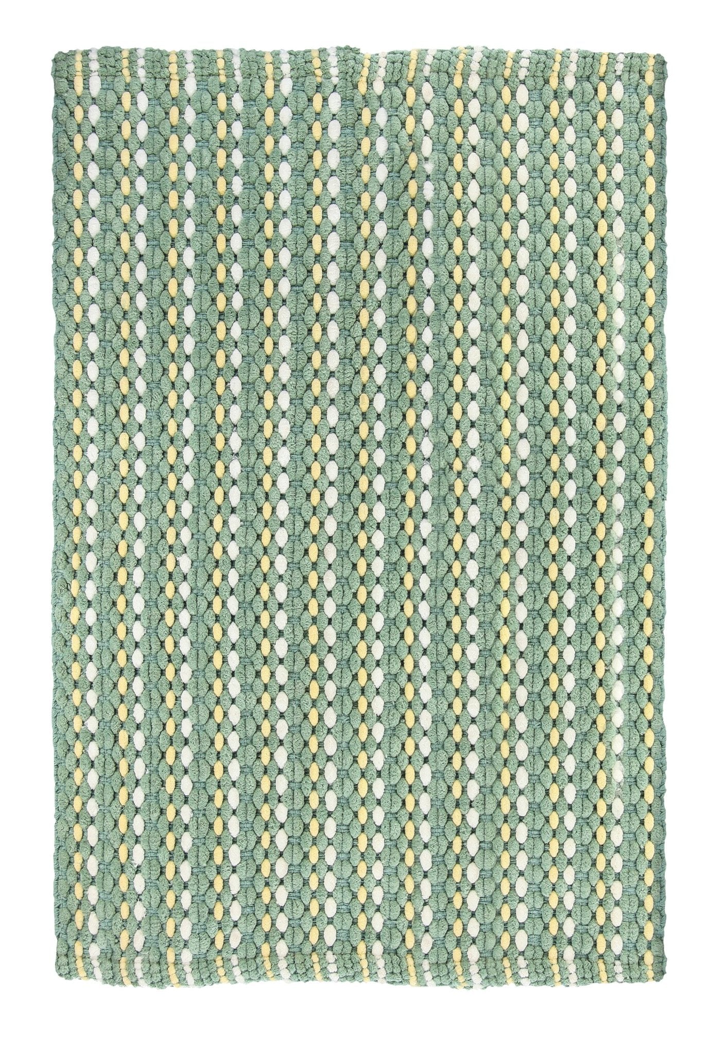 Rechteckige, grün gemusterte Badematte mit gelben und weißen Streifen