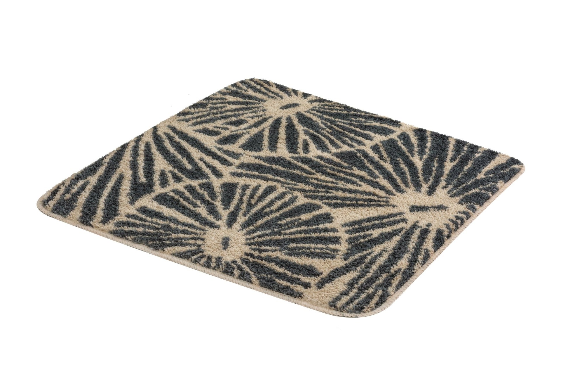 Quadratische Badematte beige mit dunkelgrauem floralem Musterdesign
