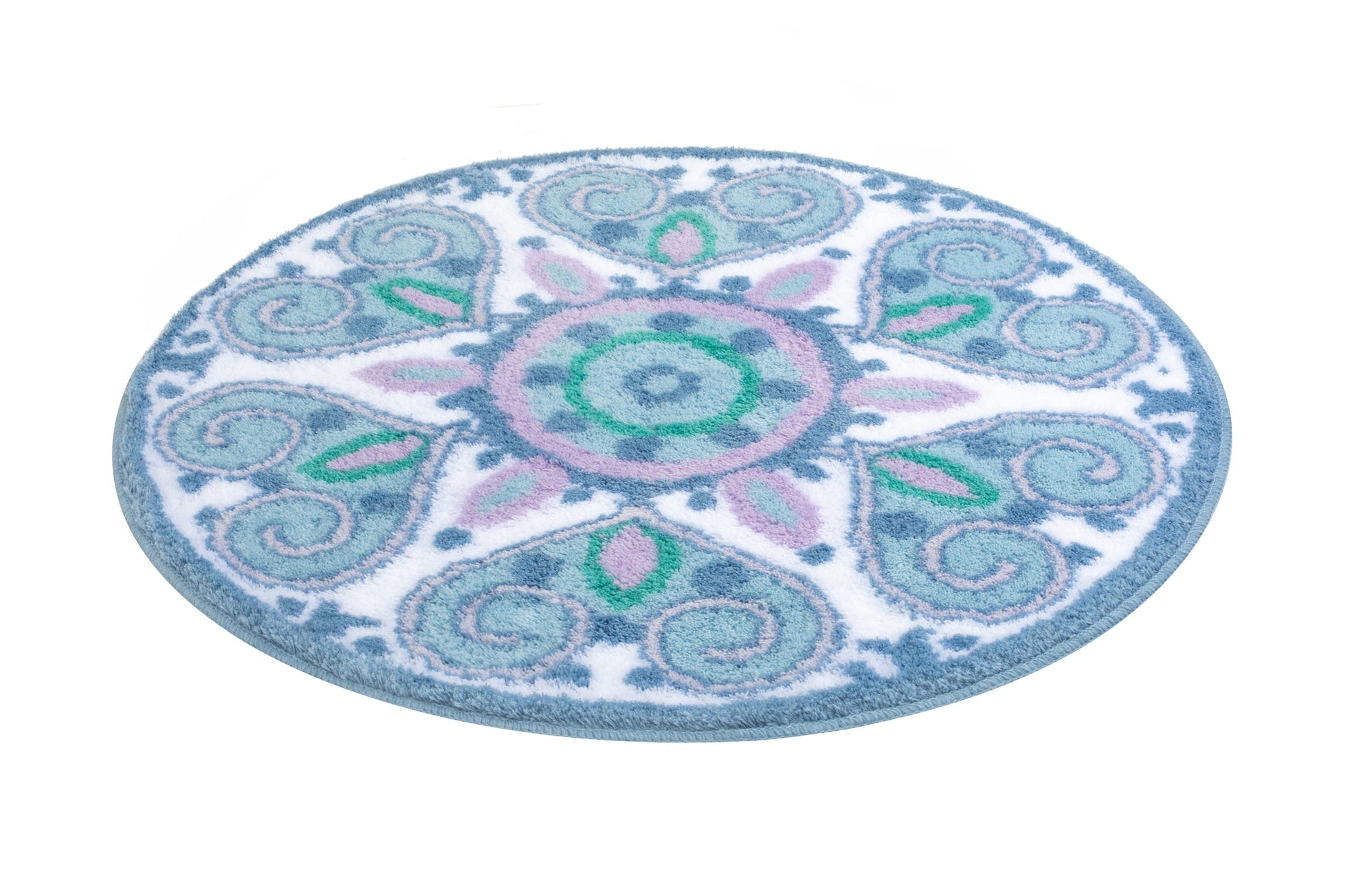 Runder Badteppich MANDALAY Multicolor 60 cm mit orientalischem Muster in Blau und Pastell.