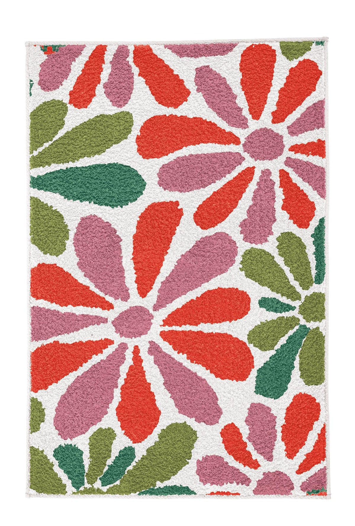 Badteppich mit floralem Muster in Rot, Rosa, Grün und Weiß.