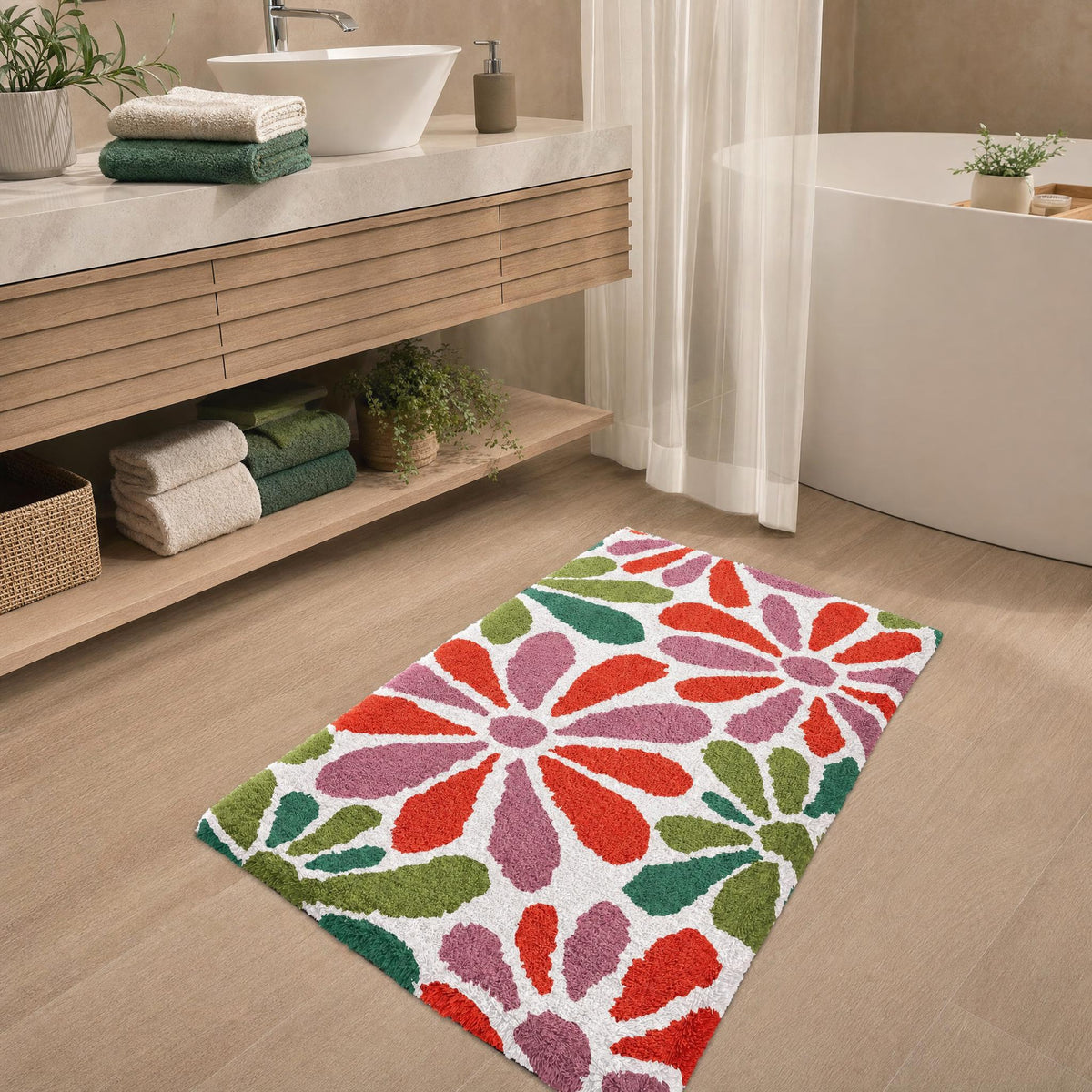 Badezimmer mit buntem Badteppich in Blumenoptik vor Waschtisch und Wanne.