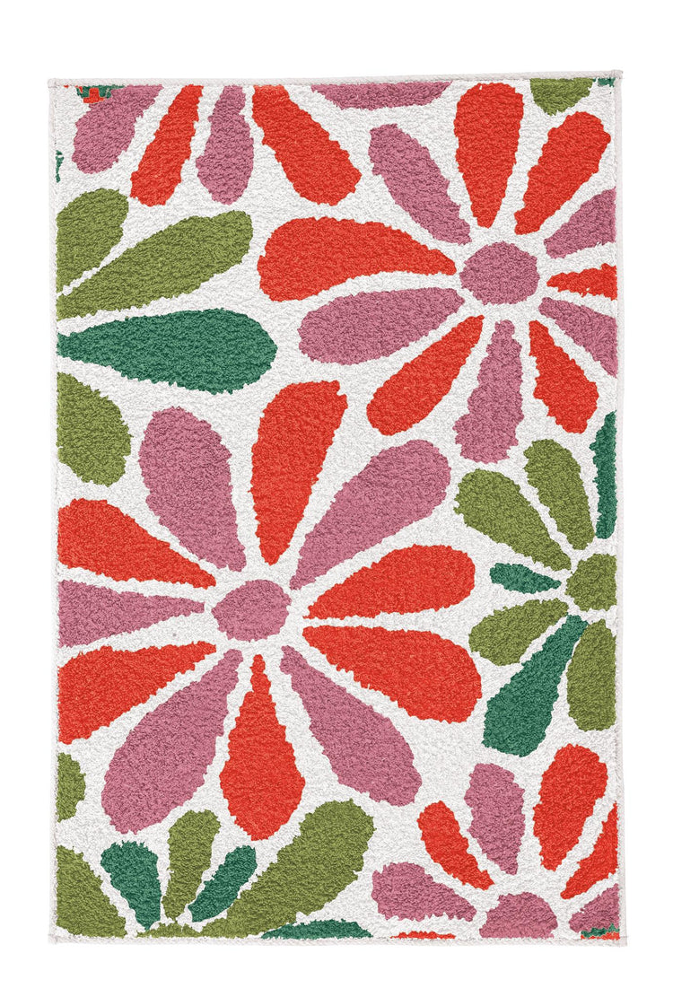 Badteppich mit floralem Muster in Rot, Rosa und Grün auf weißem Grund.