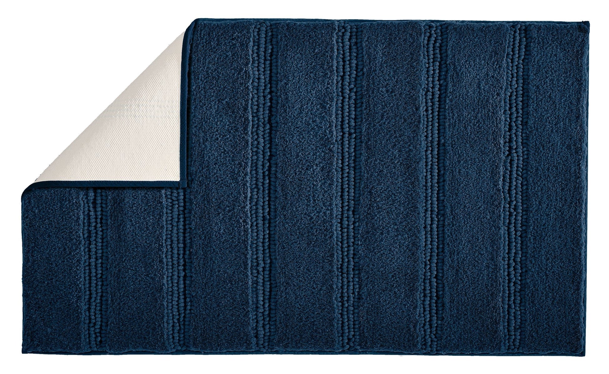 Dunkelblaue Badematte mit Streifenstruktur, Ecke zeigt helle Rückseite