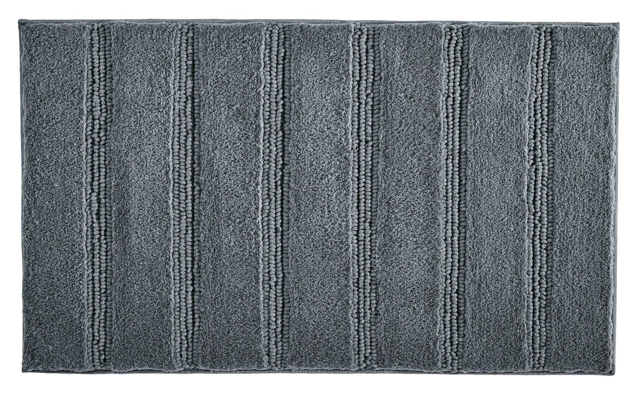 Graue Badematte mit breiten, hochflorigen Längsstreifen, Draufsicht