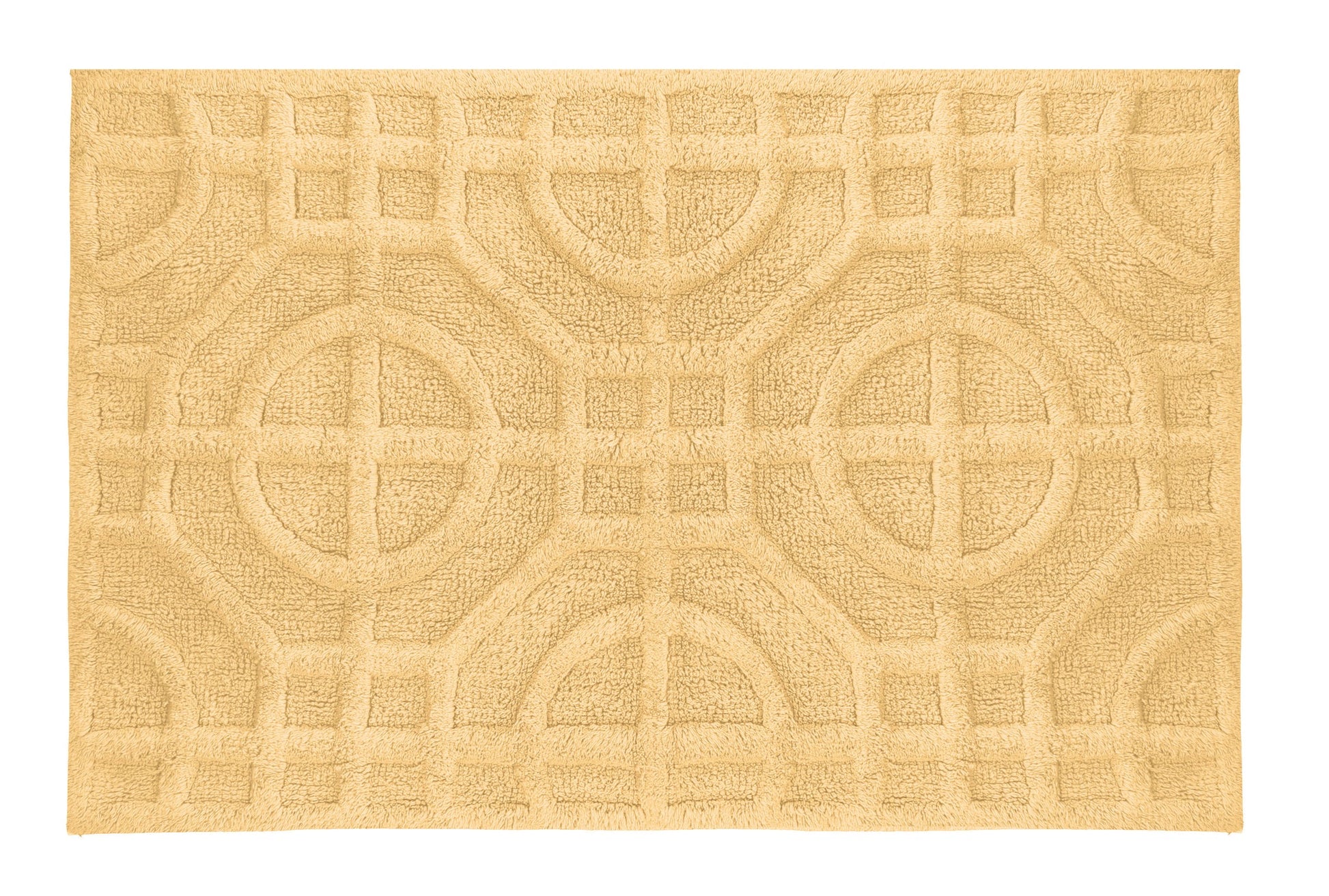 Gelbe Badematte mit eingewebtem, geometrischem Kreis- und Linienmuster