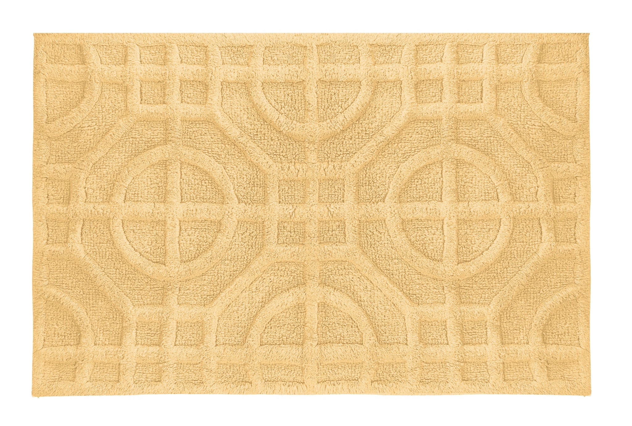 Gelbe Badematte mit eingewebtem, geometrischem Kreis- und Linienmuster