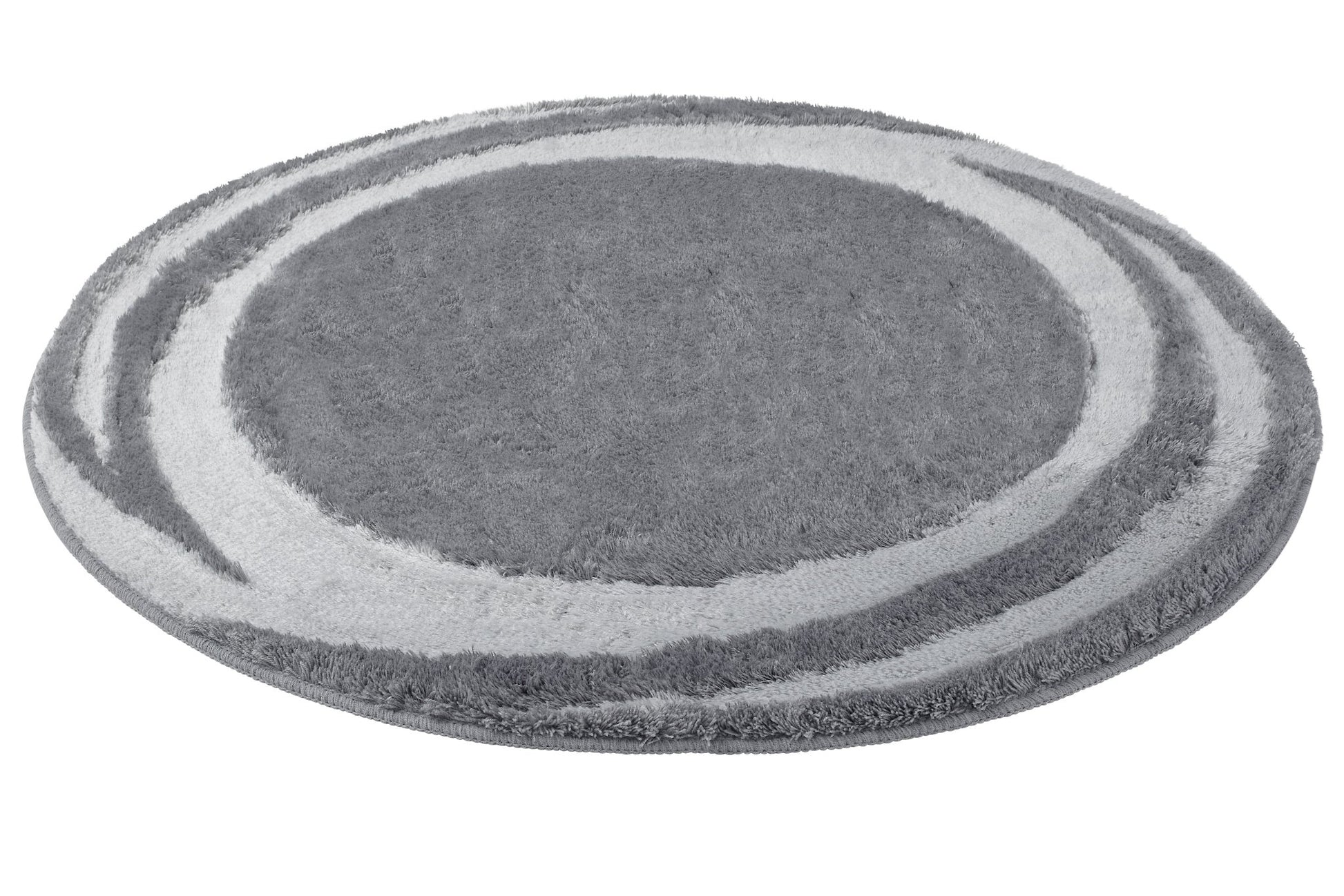 Runder Badteppich MYSTIC Anthrazit 100 cm mit kreisförmigem Muster in Grau auf weißem Hintergrund.
