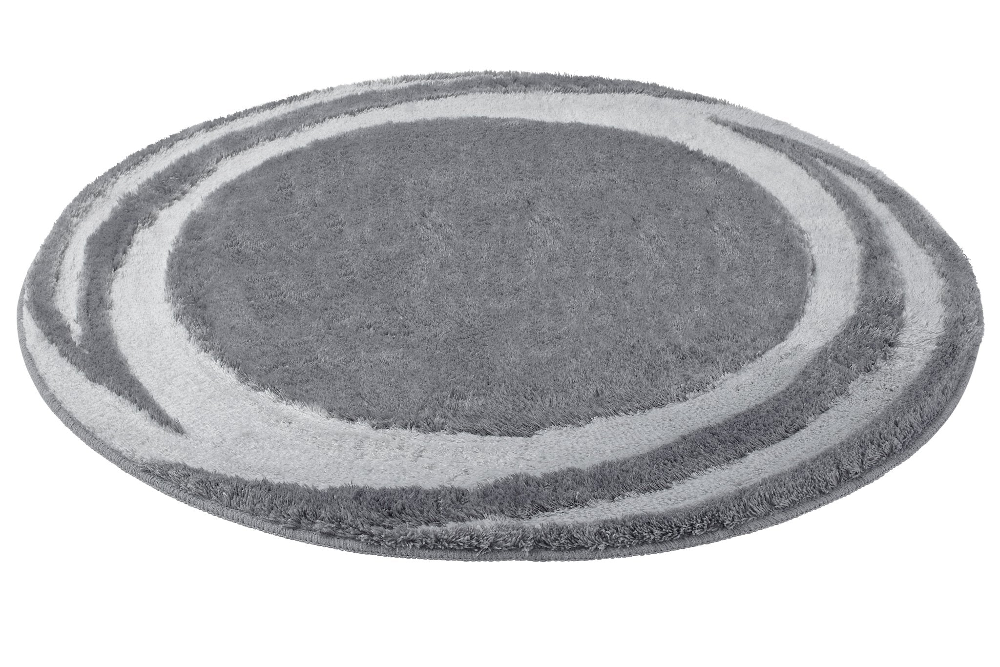 Runder Badteppich MYSTIC Anthrazit 100 cm mit kreisförmigem Muster in Grau auf weißem Hintergrund.