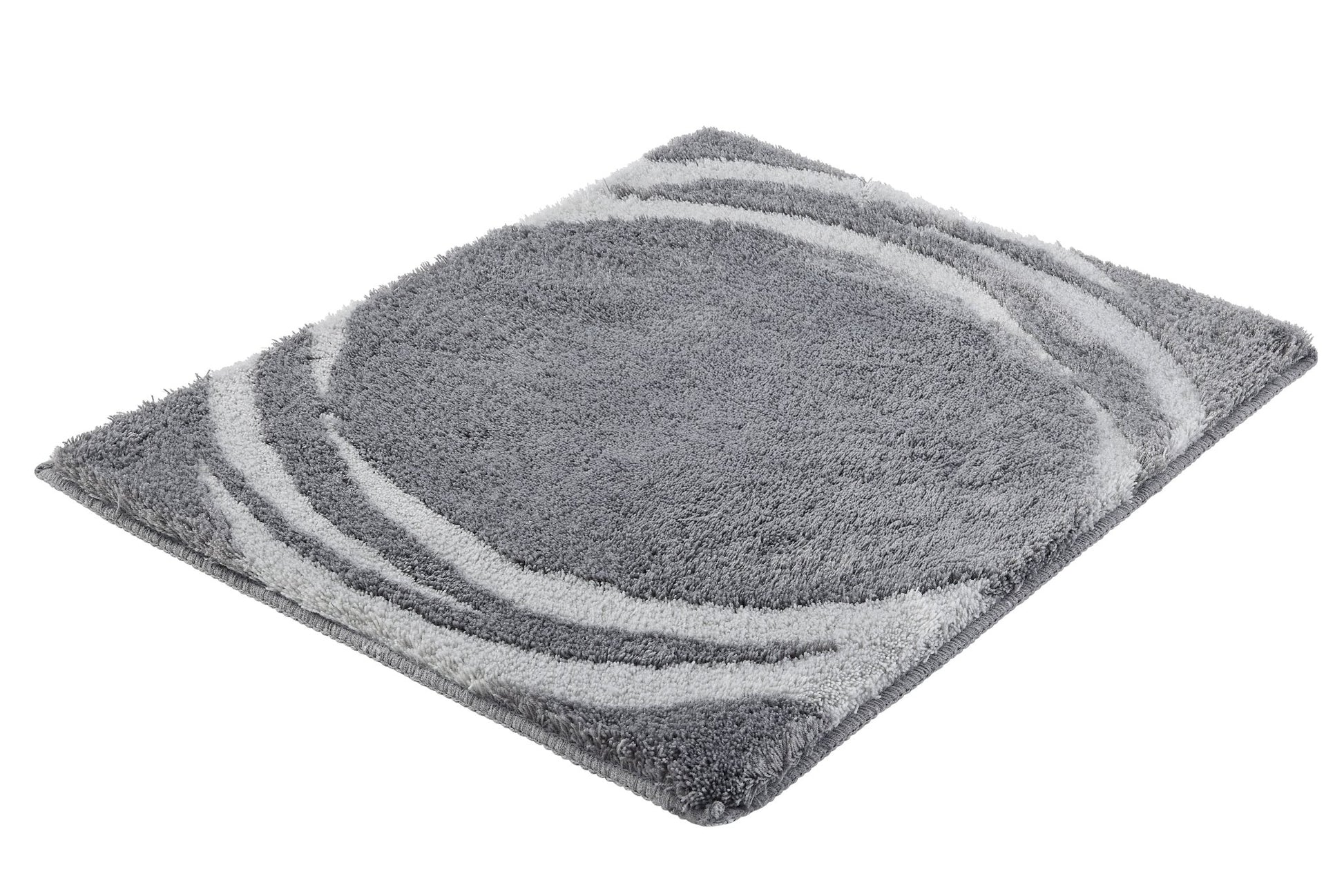 Badteppich MYSTIC Anthrazit 55 x 65 cm liegt flach mit rundem Muster auf weißem Hintergrund.