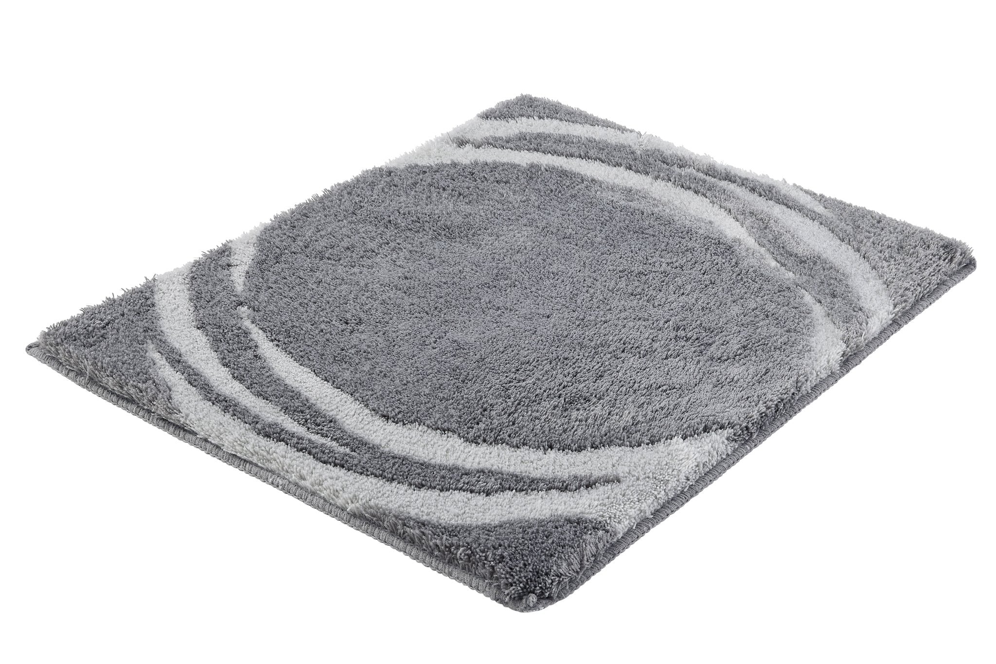 Badteppich MYSTIC Anthrazit 55 x 65 cm liegt flach mit rundem Muster auf weißem Hintergrund.