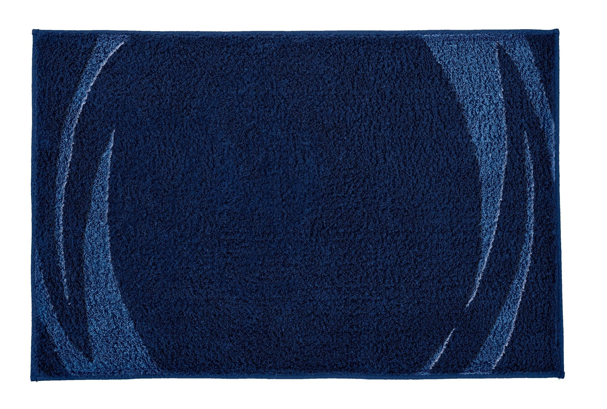 Badteppich MYSTIC Navy 80 x 140 cm mit dunkelblauem Grund und hellblauen geschwungenen Akzenten.