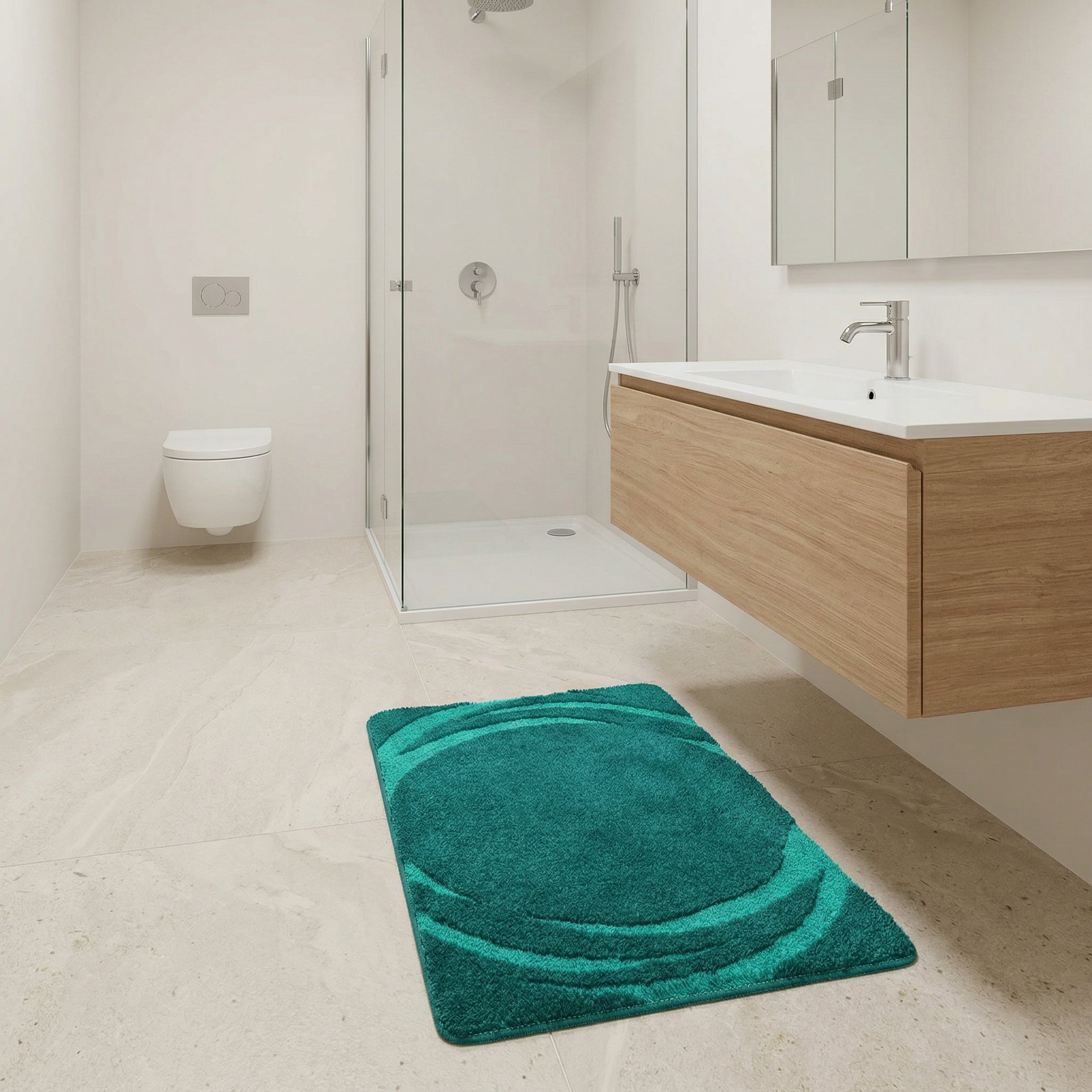 Türkisgrüne Badematte mit Kreisdesign in modernem Badezimmer mit Dusche